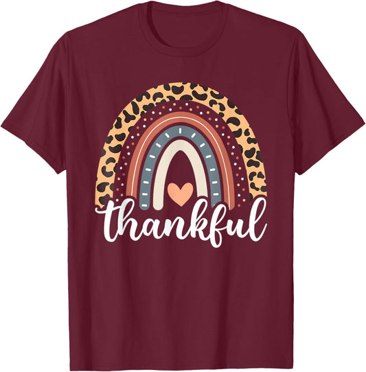 Thankful Thanksgiving Rainbow Leopard Women Girls T-Shirt - T-Shirt | Maroon