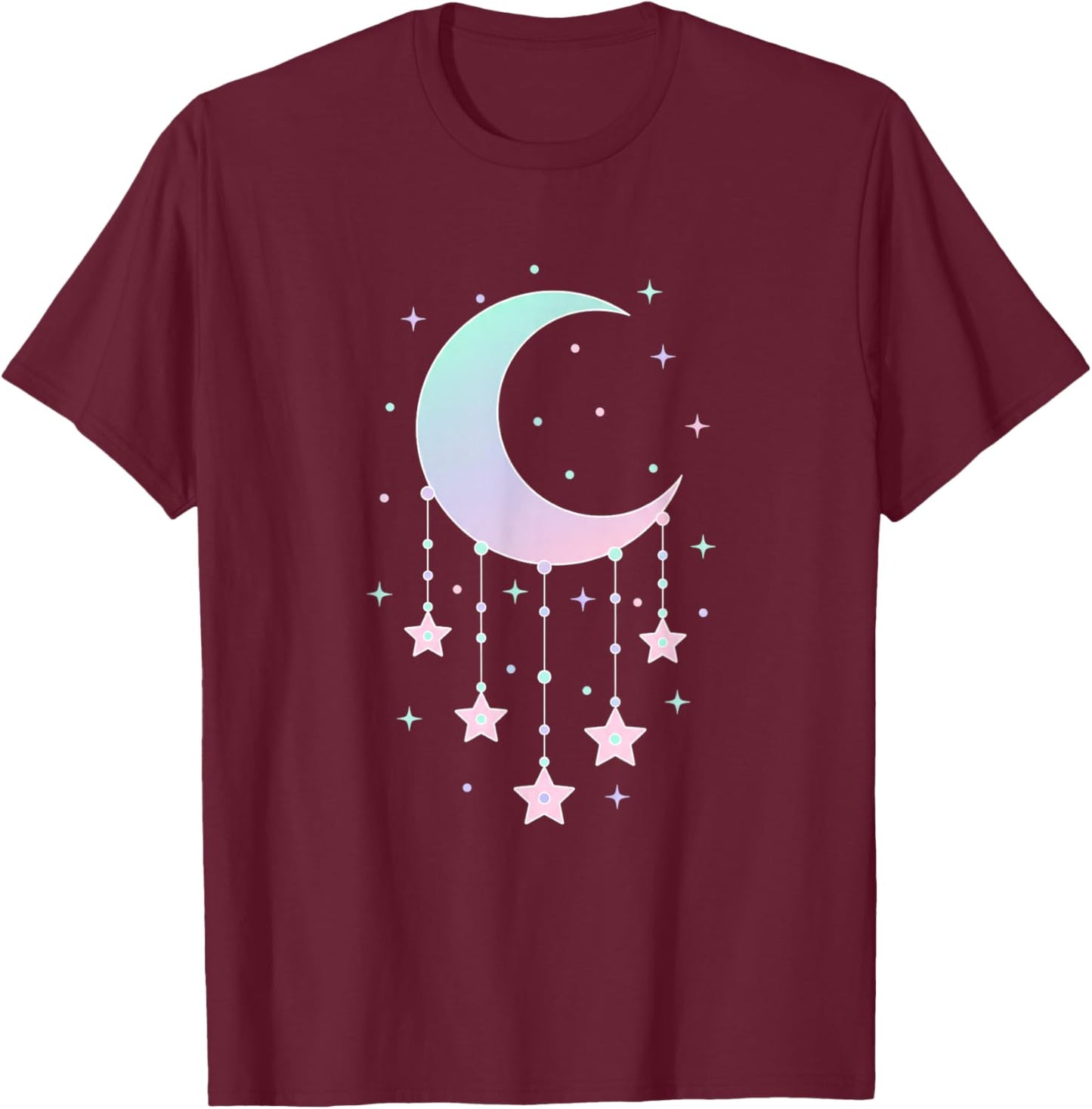 Kawaii Crescent Moon with Hanging Stars Pastel Anime Cute T-Shirt - T-Shirt | Maroon