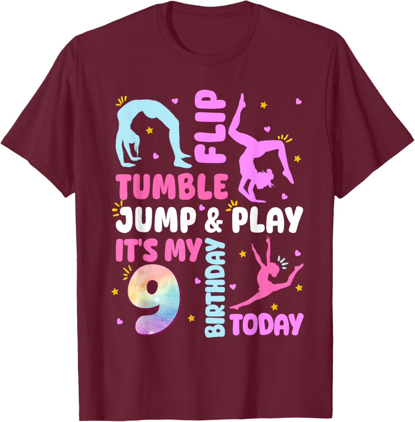 Kids 9 Year Old Bday Gymnast 9th Gymnastics Birthday Girl T-Shirt - T-Shirt | Maroon