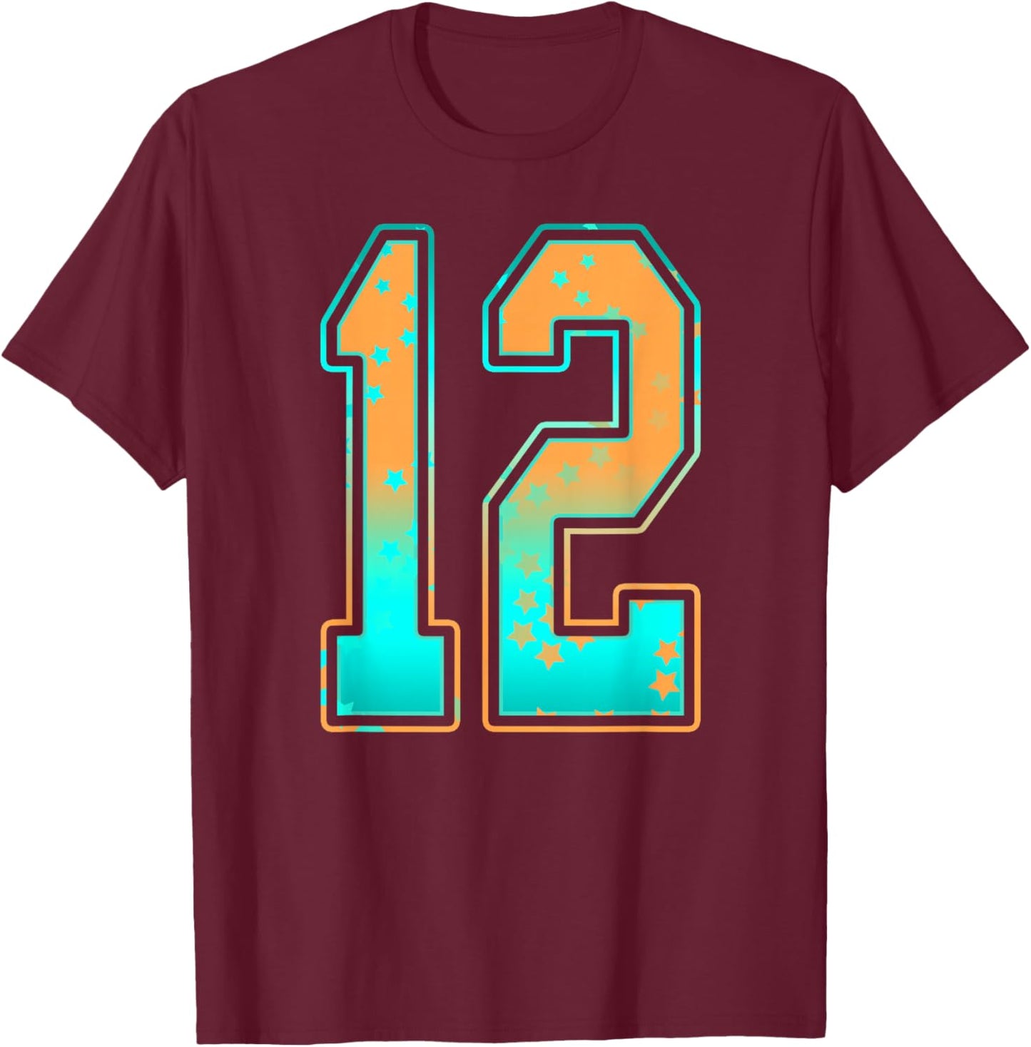 Mint Green Teal Orange Number 12 Jersey Player Uniform #12 T-Shirt - T-Shirt | Maroon