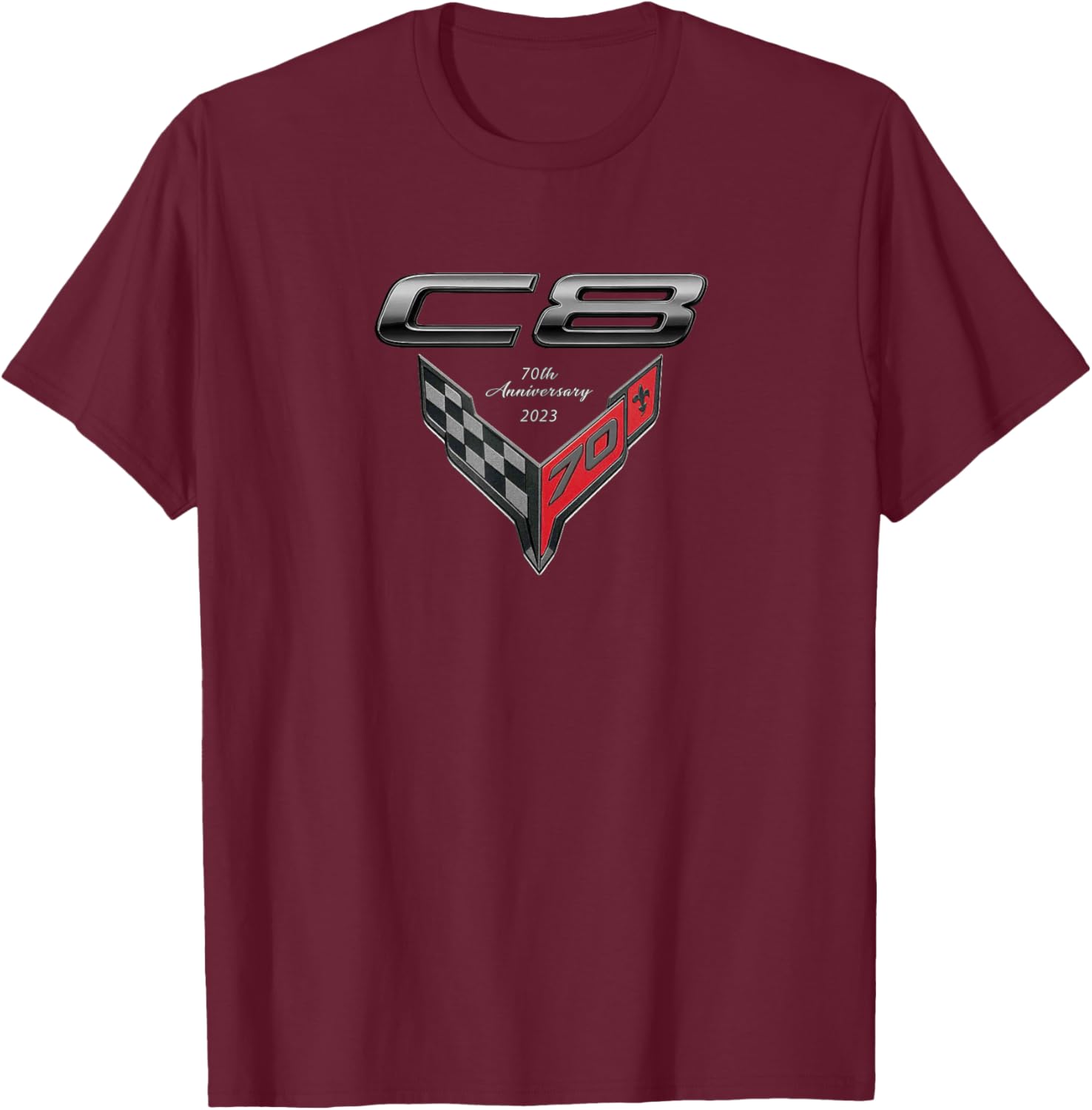 C8 Sports CAR Emblem 2023 70th Anniversary Cross Flags Badge T-Shirt - T-Shirt | Maroon
