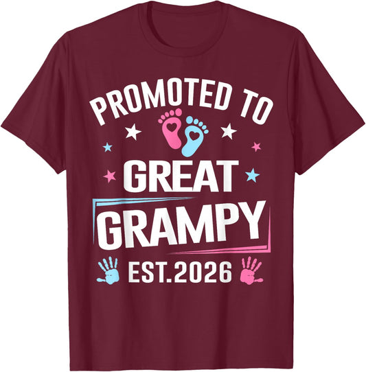 Promoted to Great Grampy Est 2026 Pregnancy Announcement T-Shirt - T-Shirt | Maroon