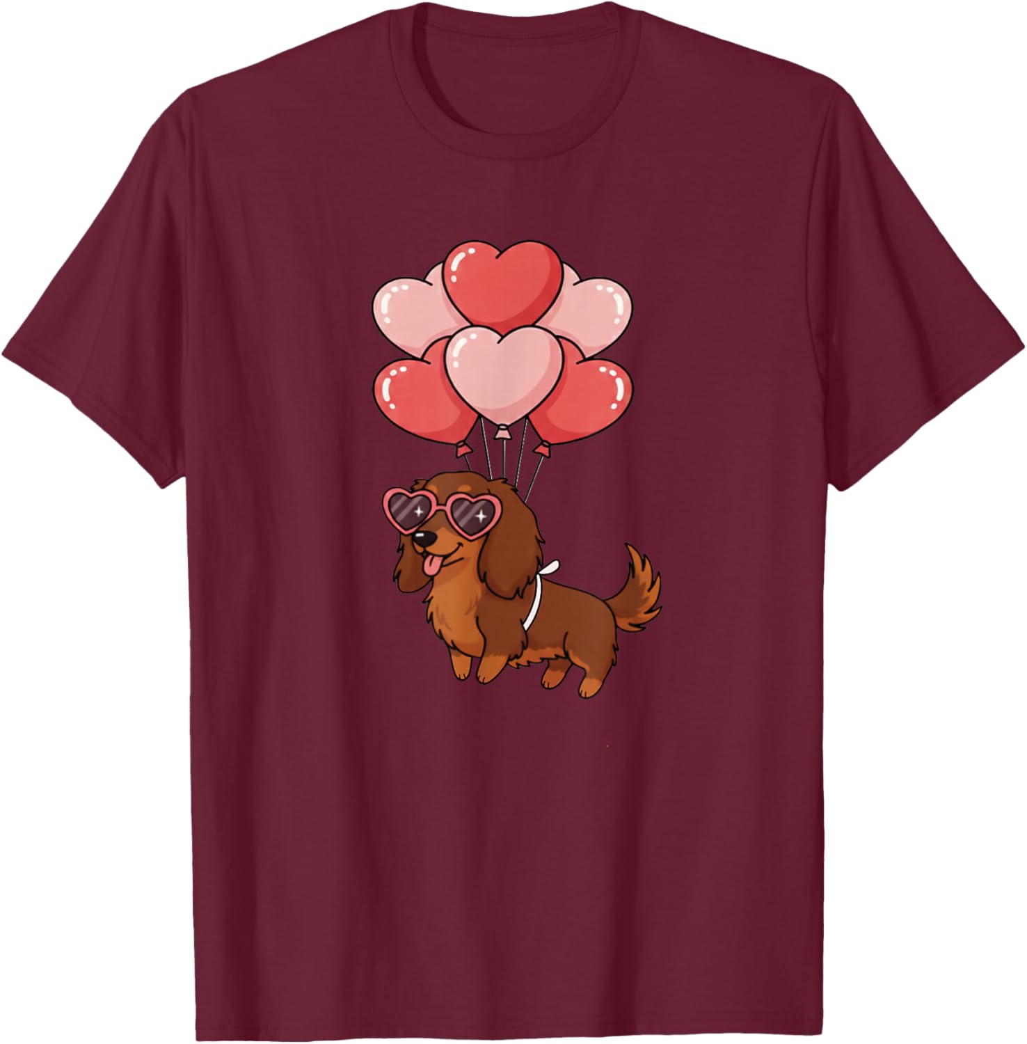 Valentines Day Heart Balloons Long Haired Dachshund T-Shirt - T-Shirt | Maroon