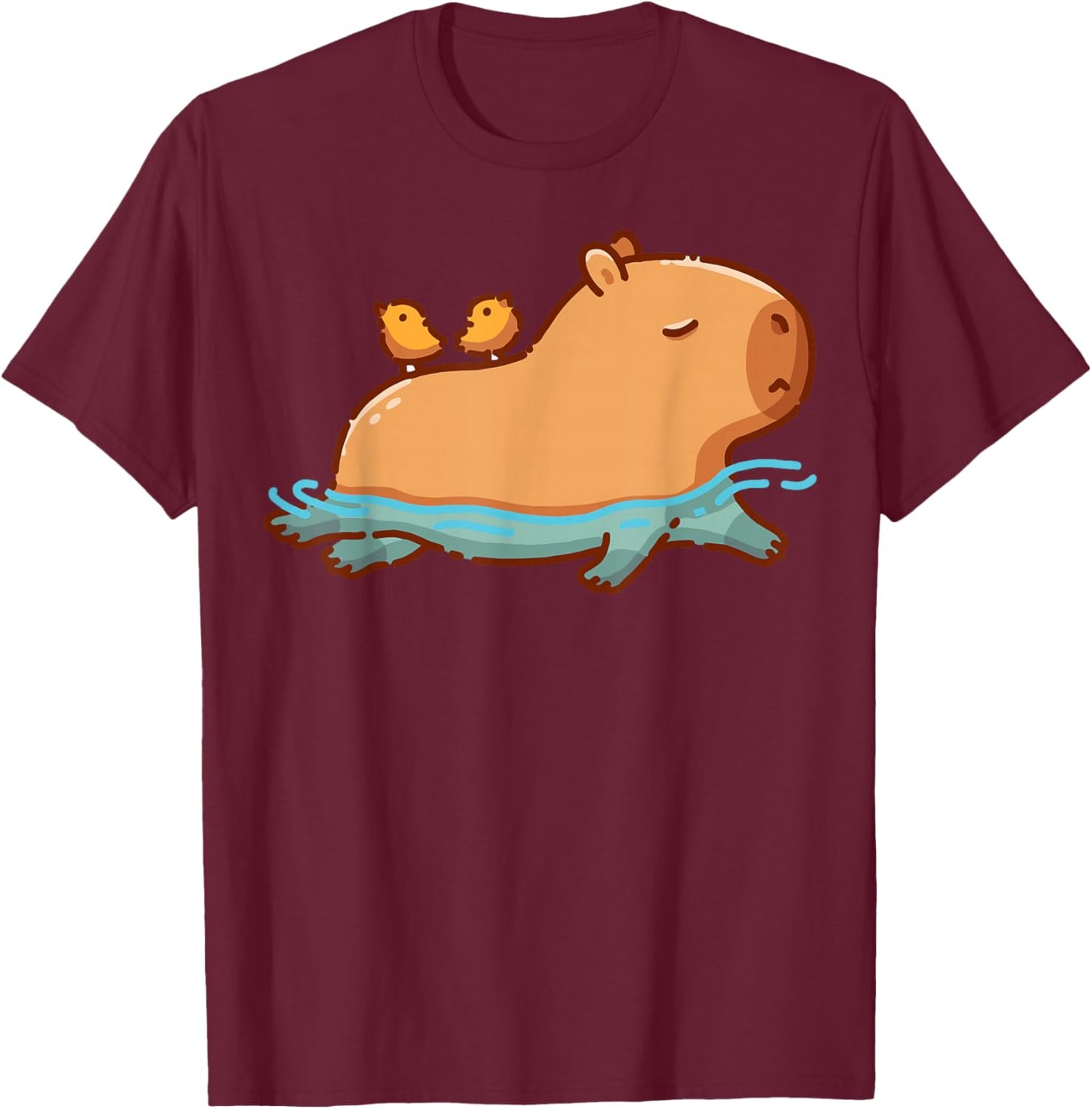 Cute Swimming Capybara with Birds Funny Animal Cartoon T-Shirt - T-Shirt | Maroon
