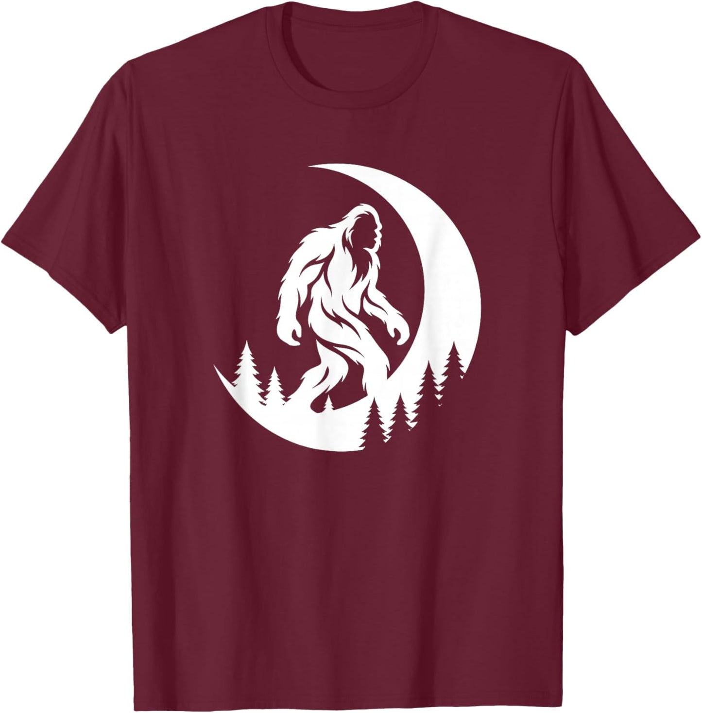 Bigfoot Sasquatch Abominable Snowman Crescent Moon Pine Tree T-Shirt - T-Shirt | Maroon