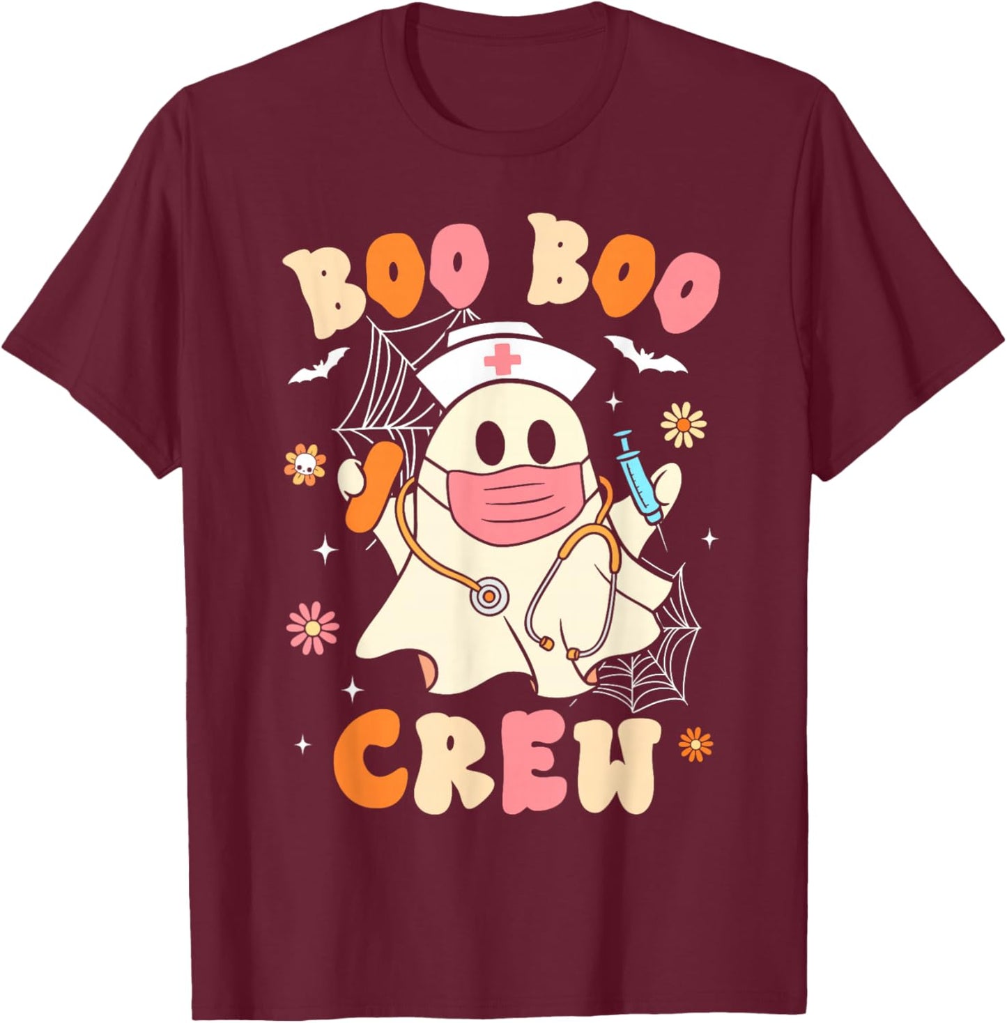 Groovy Boo Boo Crew Nurse Halloween Cute Ghost Women Girls T-Shirt - T-Shirt | Maroon