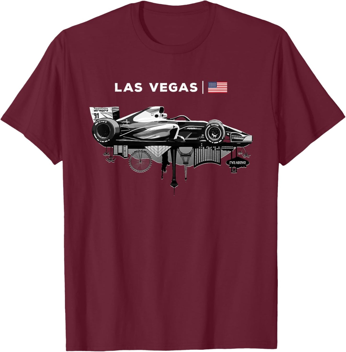Las Vegas Racing Car Silhouette USA Flag T-Shirt - T-Shirt | Maroon