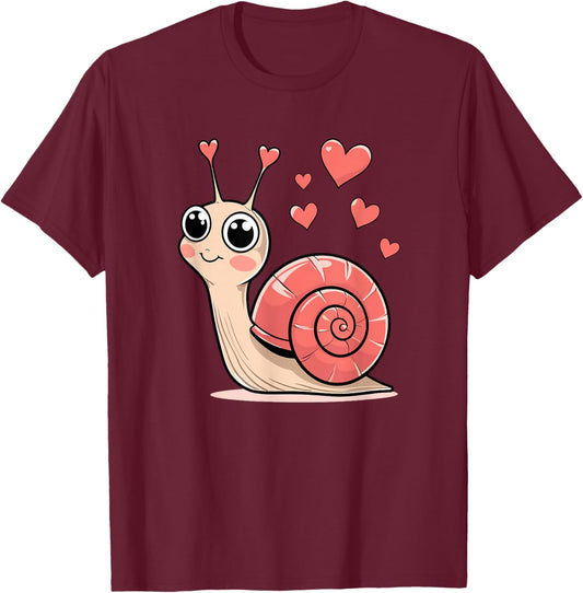 Adorable Love Snail with Hearts Kawaii Valentine Romance T-Shirt - T-Shirt | Maroon