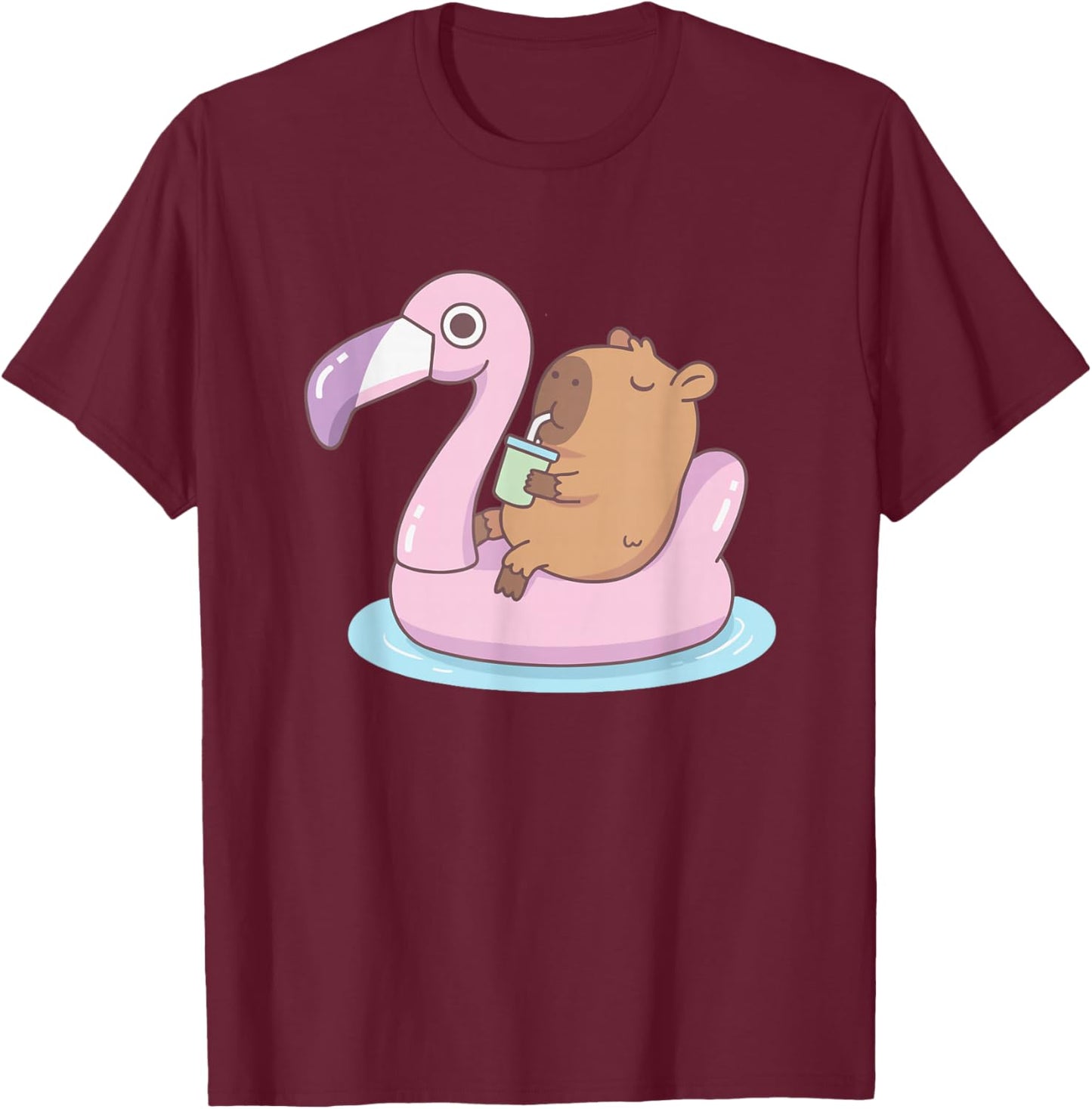 Cute Capybara Floating Flamingo Pool Summer Cartoon T-Shirt - T-Shirt | Maroon