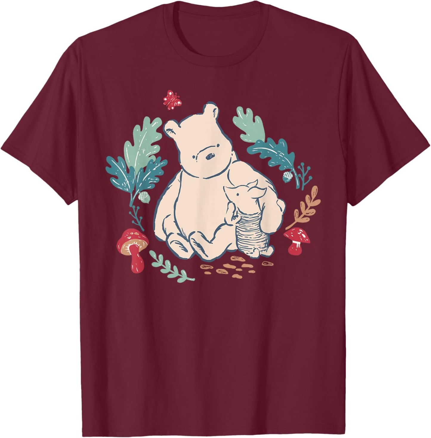 Disney Winnie The Pooh Classic Illustration Piglet and Pooh T-Shirt - T-Shirt | Maroon