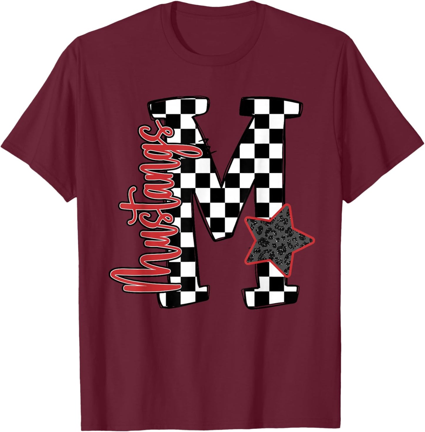Red Mustangs Checkered Print Star School Spirit Mascot T-Shirt - T-Shirt | Maroon