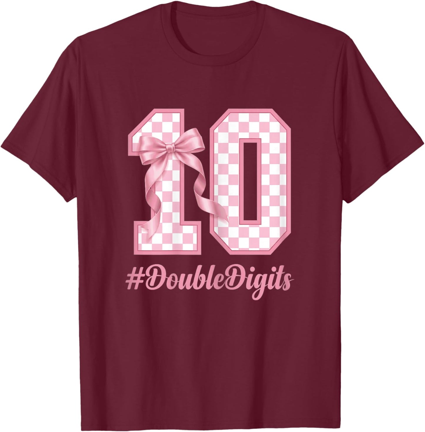 Cute Bow Pink Checkered 10th Birthday Coquette Girl T-Shirt - T-Shirt | Maroon