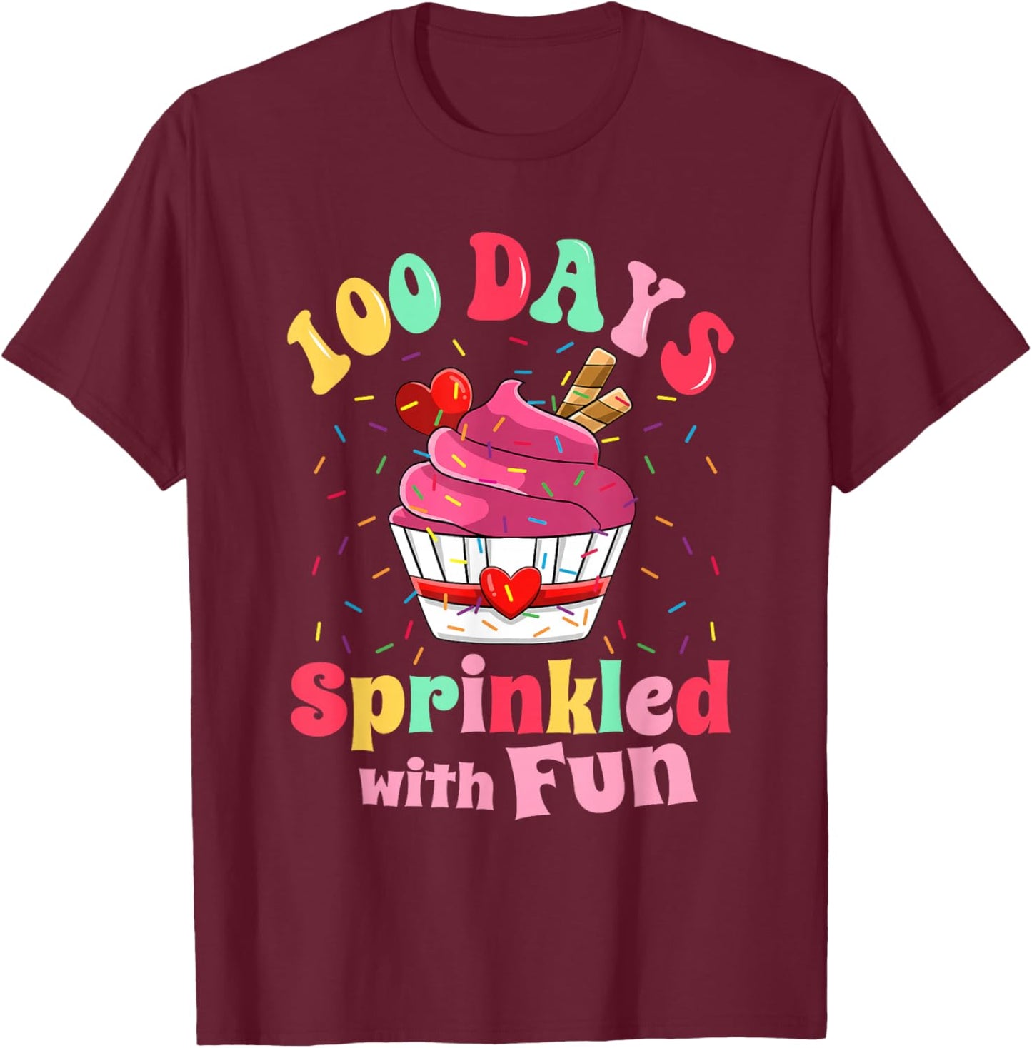 100 Days Sprinkled with Fun Cupcake 100th Day of School Kids T-Shirt - T-Shirt | Maroon