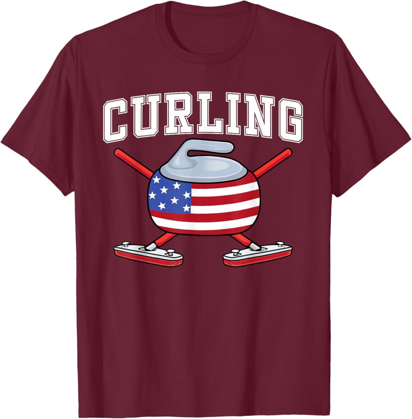 Winter Ice Sports US Curler Broom American Flag Curling Fan T-Shirt - T-Shirt | Maroon