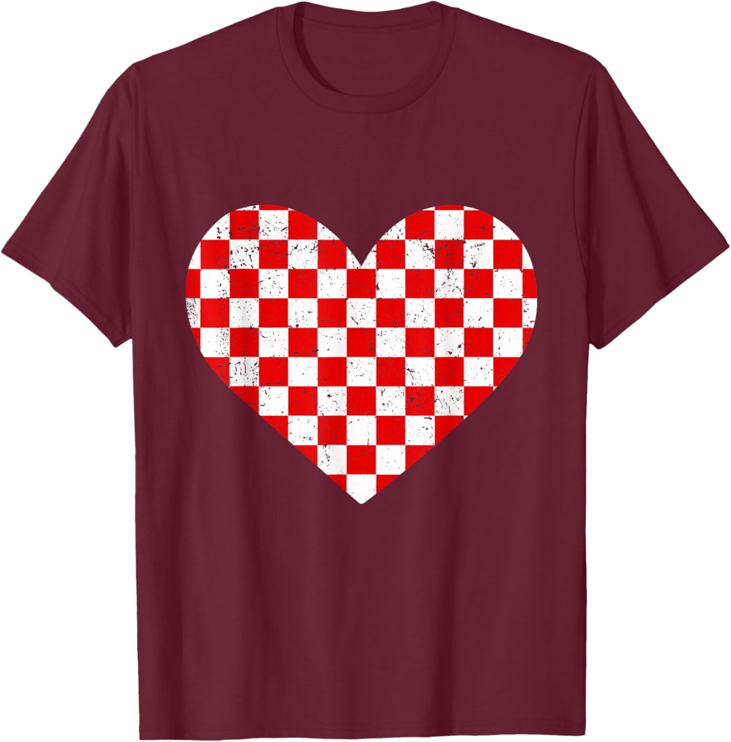 Girls Valentines Heart Silhouette Checkerboard Retro T-Shirt - T-Shirt | Maroon