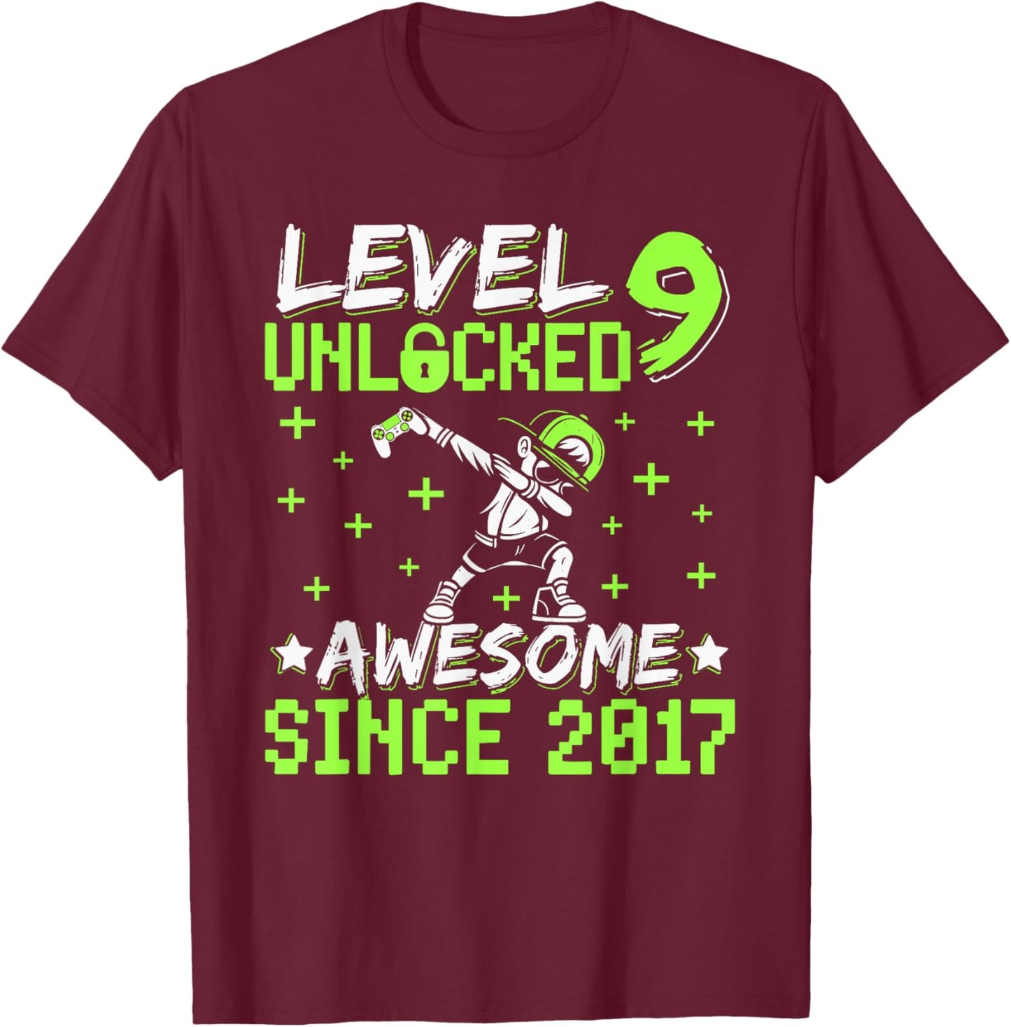 Level 9 Unlocked Awesome Since 2017 9th Birthday Gamer Boy T-Shirt - T-Shirt | Maroon