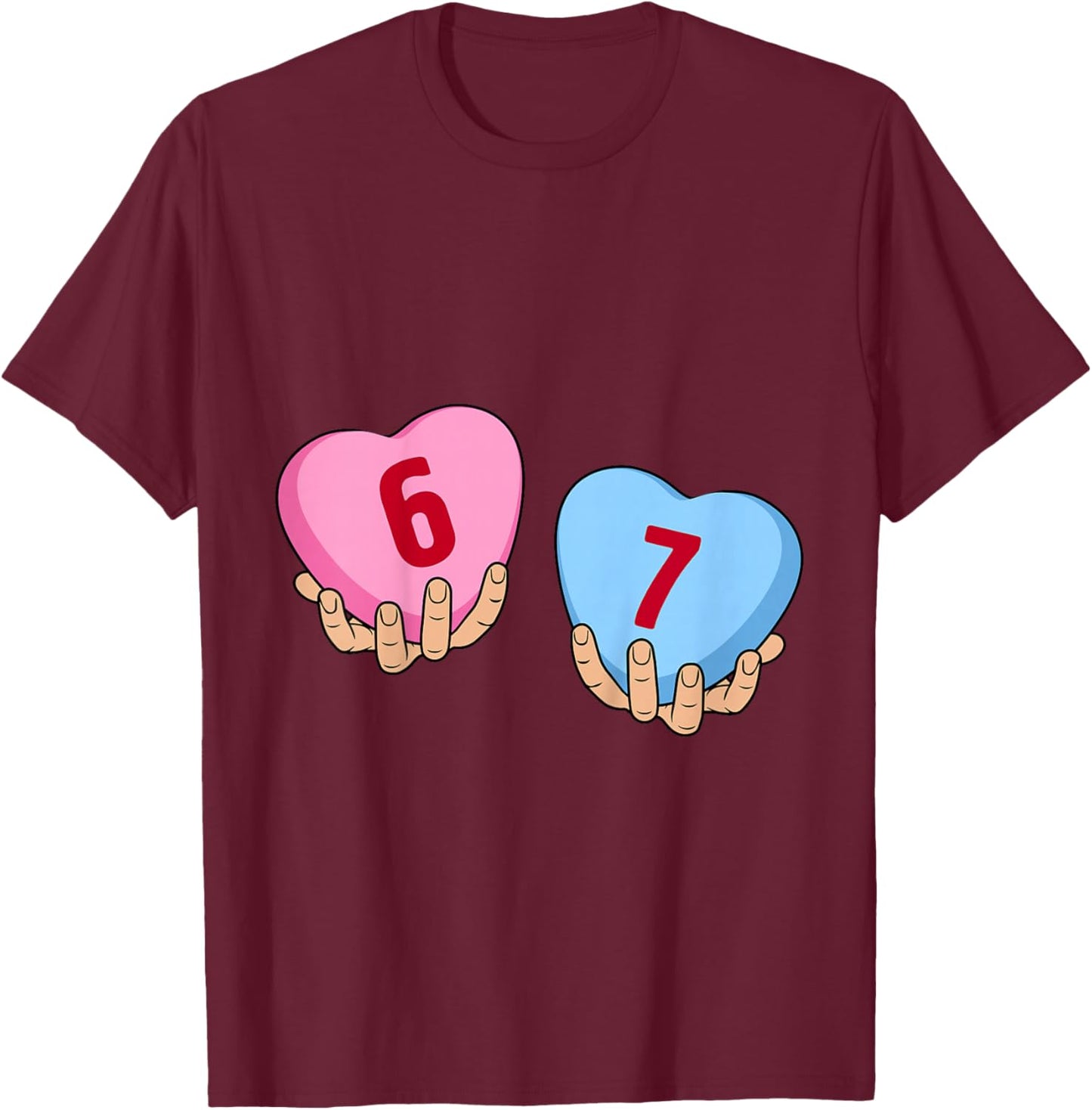 Kids Hands Holding 6 7 Hearts Funny Valentine's Day Giant Candy T-Shirt - T-Shirt | Maroon