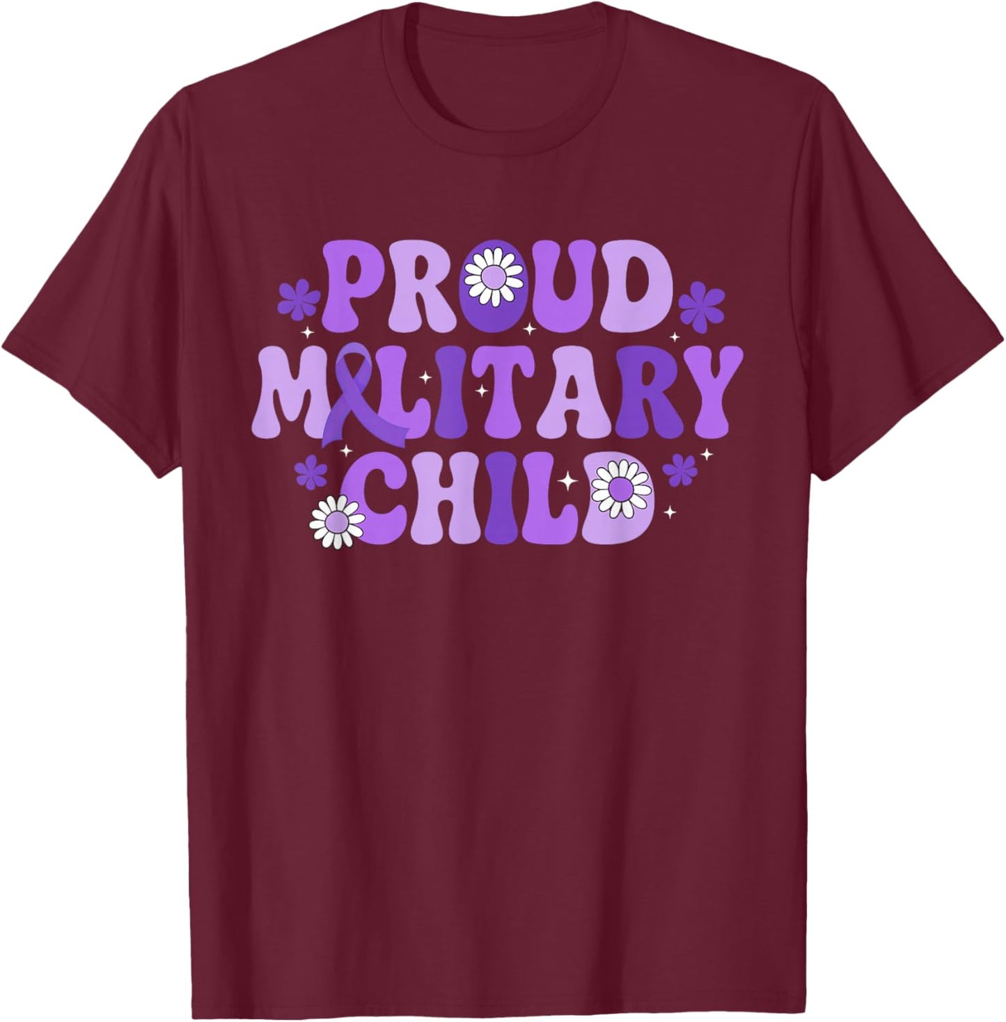 Proud Military Child Floral Military Kids Purple Ribbon Girl T-Shirt - T-Shirt | Maroon