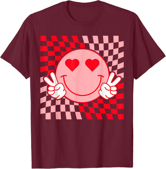 Retro Checkered Smile Face Hearts Valentine Funny Trendy T-Shirt - T-Shirt | Maroon