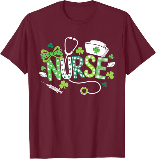 Nurse St Patricks Day Coquette Stethoscope Nursing Women T-Shirt - T-Shirt | Maroon