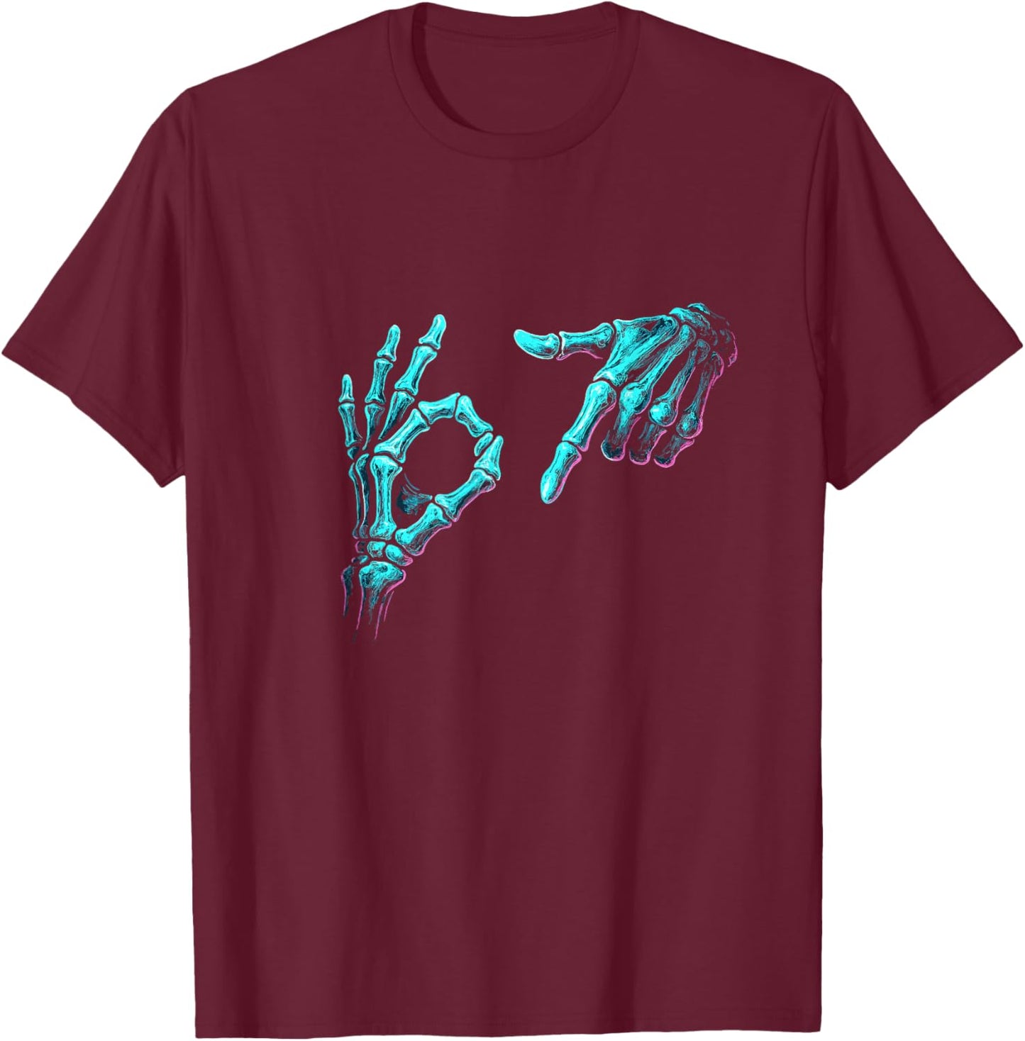 Funny Skeleton Hand Meme 67 Gen Alpha Halloween Six Seven T-Shirt - T-Shirt | Maroon