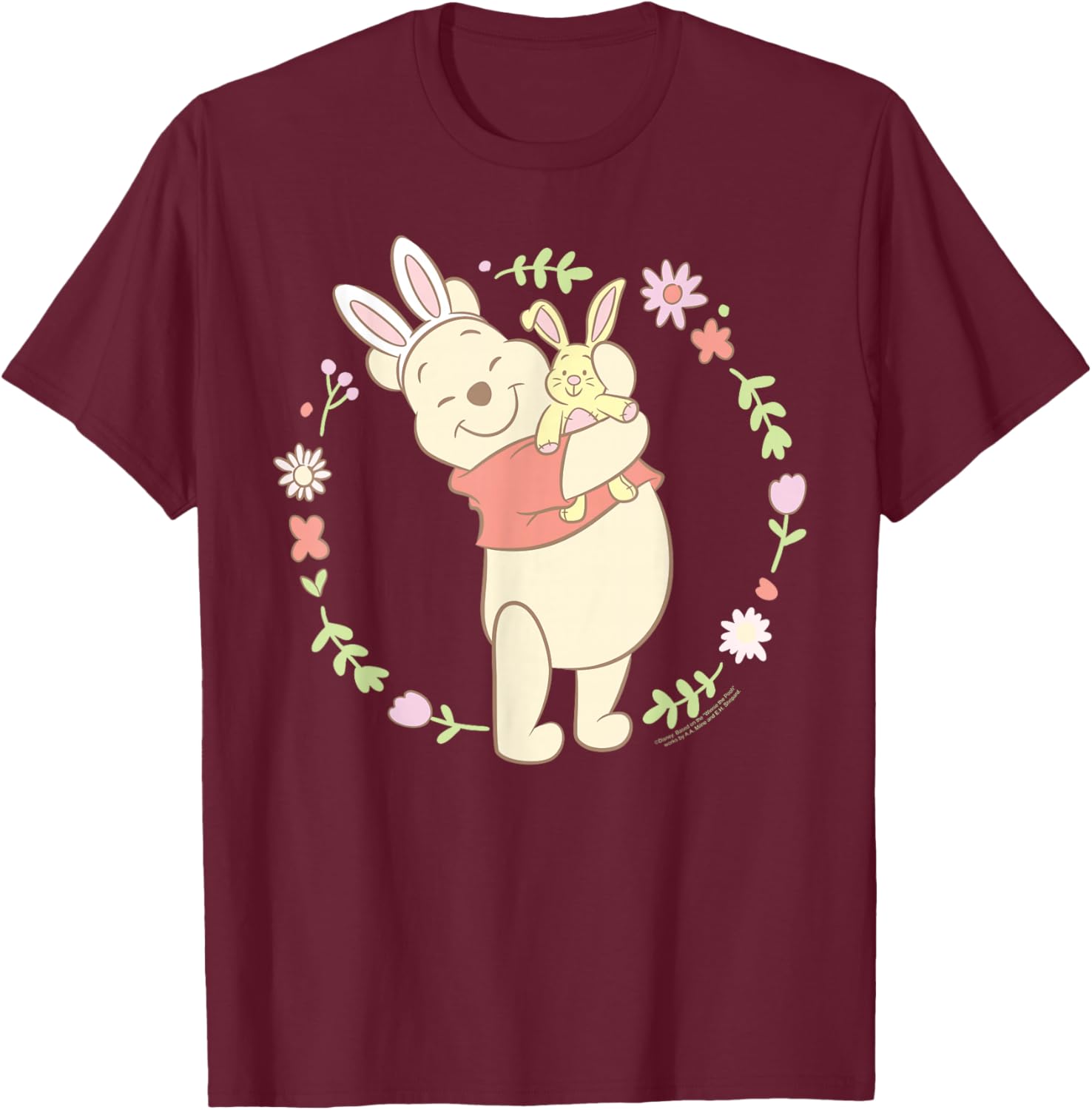 Disney Winnie The Pooh Easter Bunny Hug Pastel Spring Flower T-Shirt - T-Shirt | Maroon