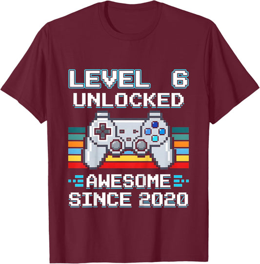 Kids 6th Birthday Gamer Level 6 Unlocked Awesome Since 2020 T-Shirt - T-Shirt | Maroon