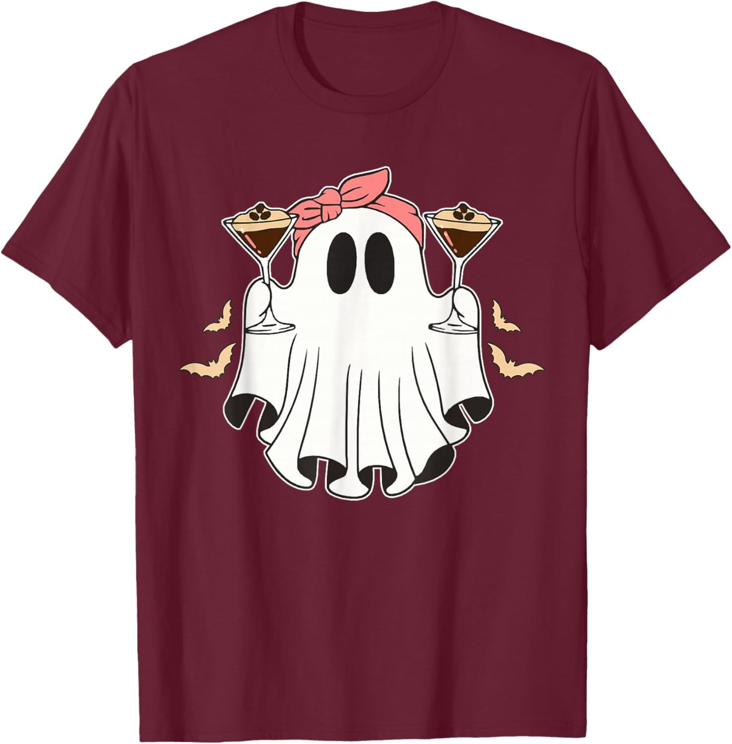 Cute Halloween Ghost Holding an Espresso Martini T-Shirt - T-Shirt | Maroon