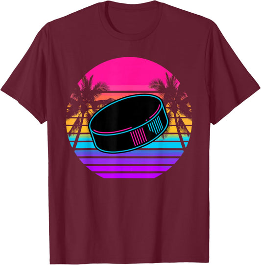 Retro Beach Palm Ice Hockey T-Shirt - T-Shirt | Maroon
