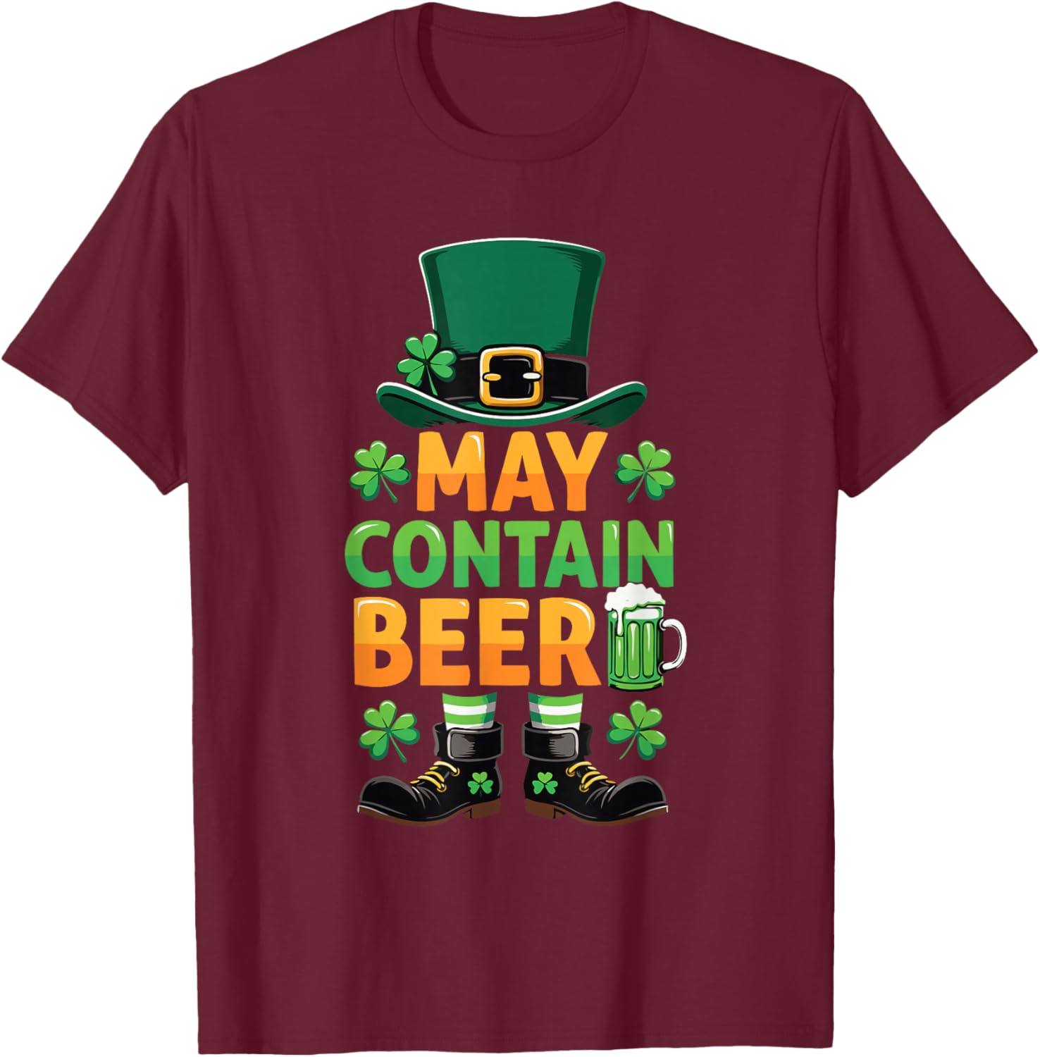 Retro May Contain Beer Leprechaun St Patrick's Day Men Women T-Shirt - T-Shirt | Maroon