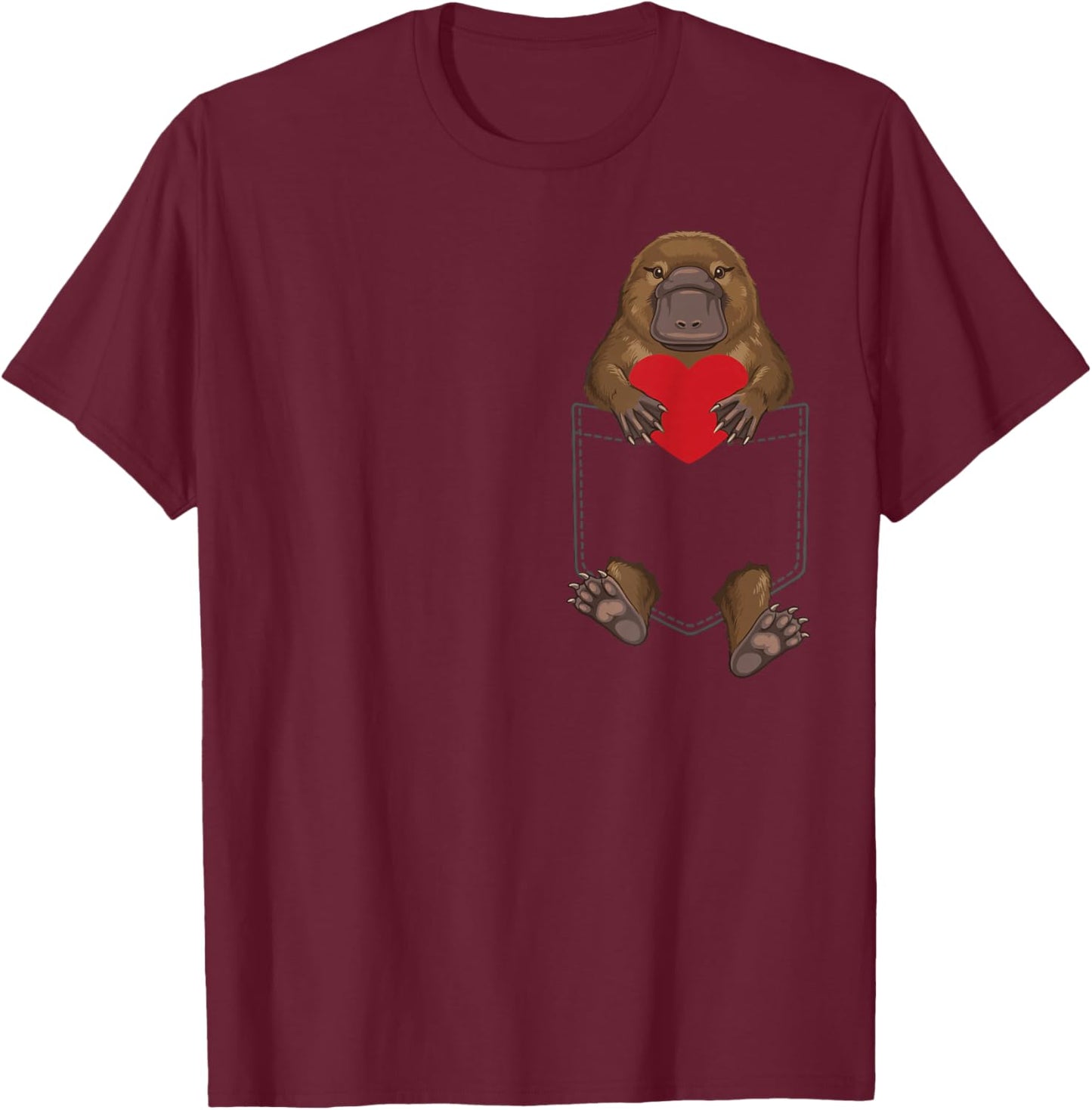 Cute Platypus in Pocket Wildlife Lover Valentines T-Shirt - T-Shirt | Maroon