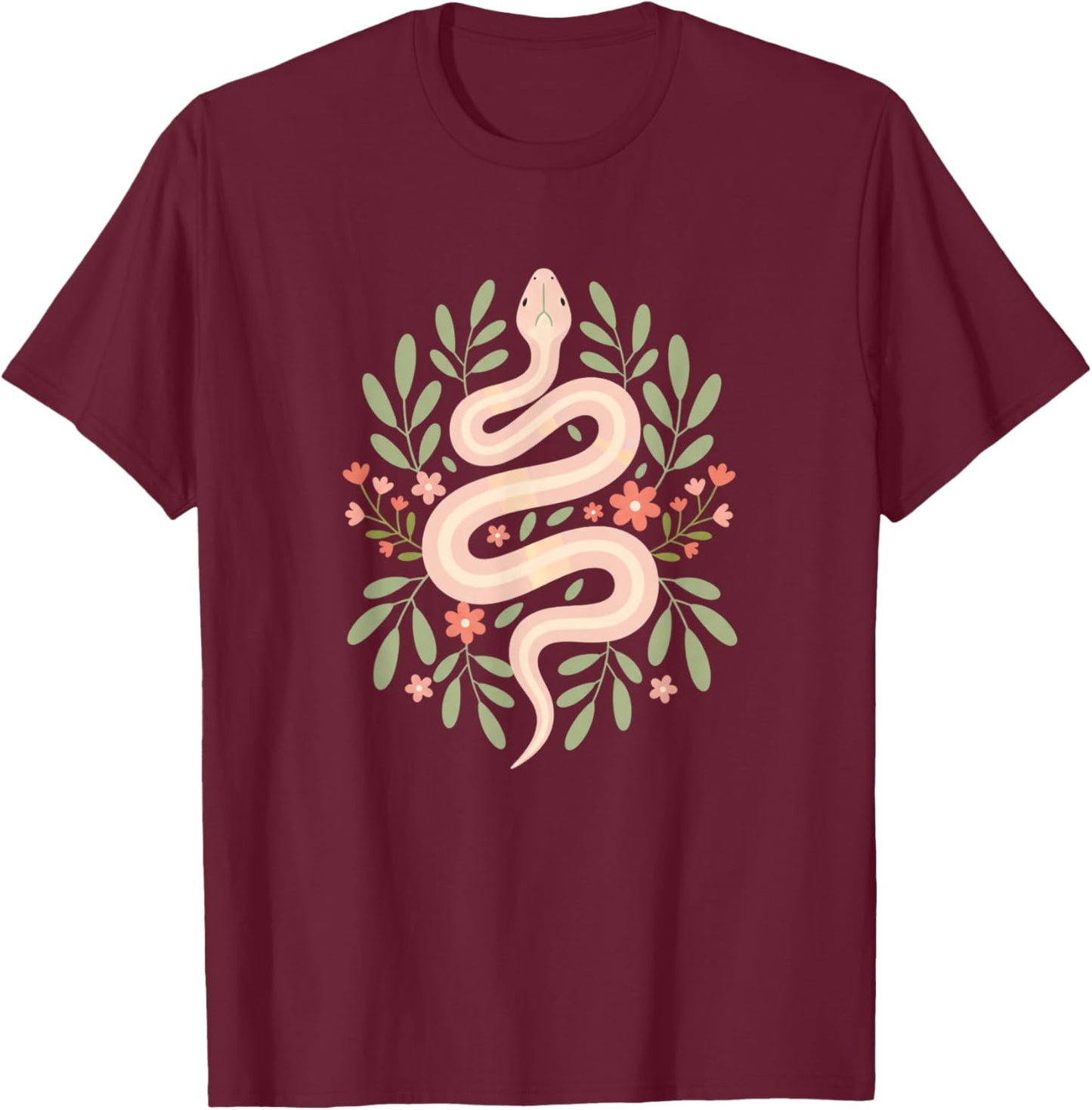 Pink Snake Surrounded by Flowers Kids Serpent Floral Design T-Shirt - T-Shirt | Maroon