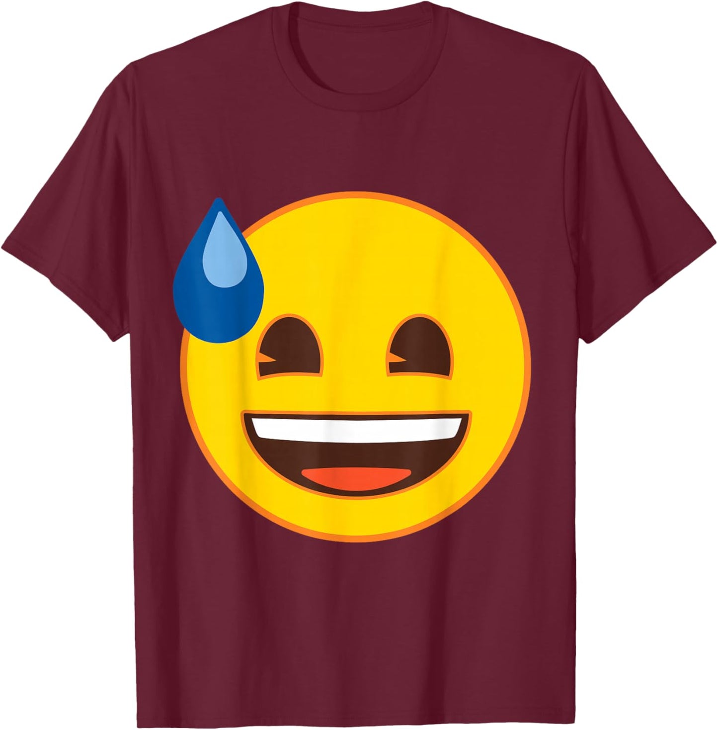 Official Emoji Sweat Laughing Yellow Smile Face T-Shirt - T-Shirt | Maroon