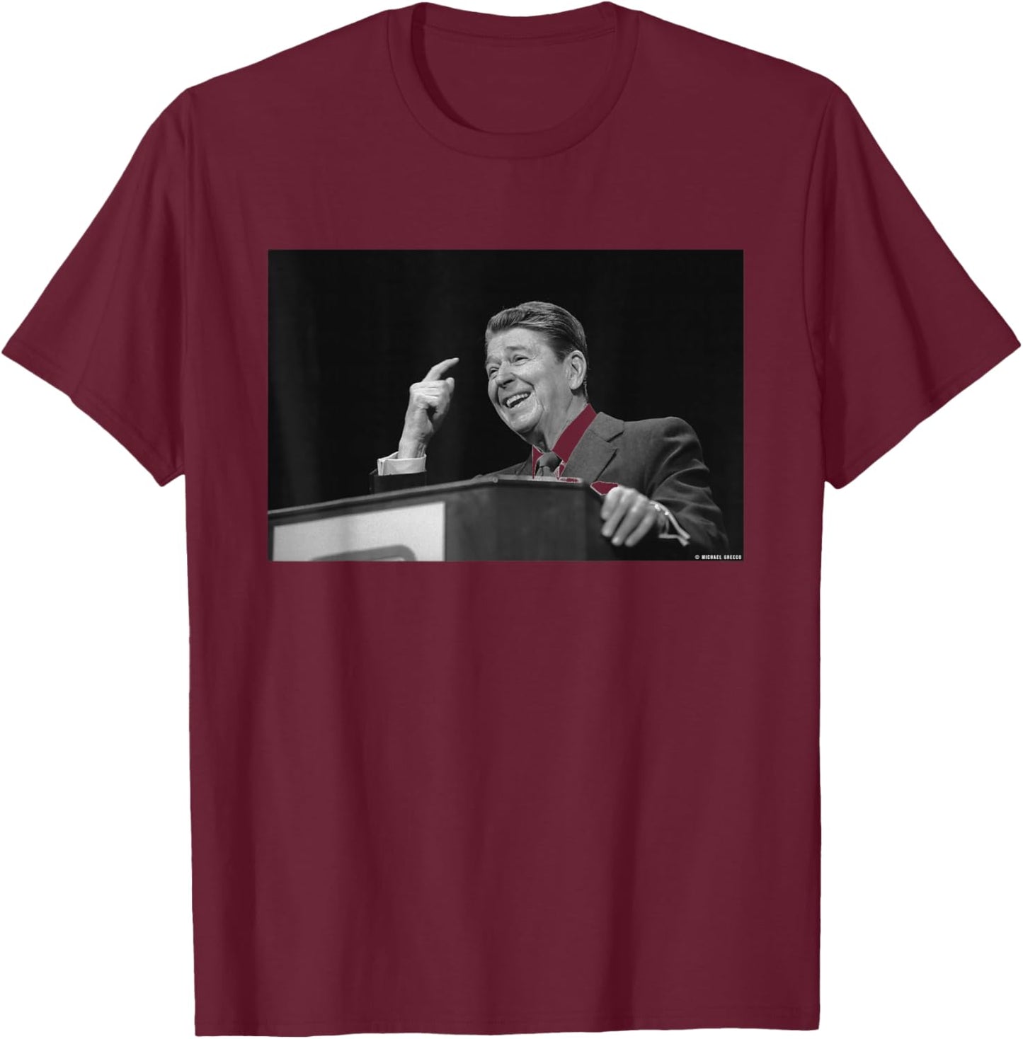 Ronald Reagan US President Birthday Speech by Michael Grecco T-Shirt - T-Shirt | Maroon