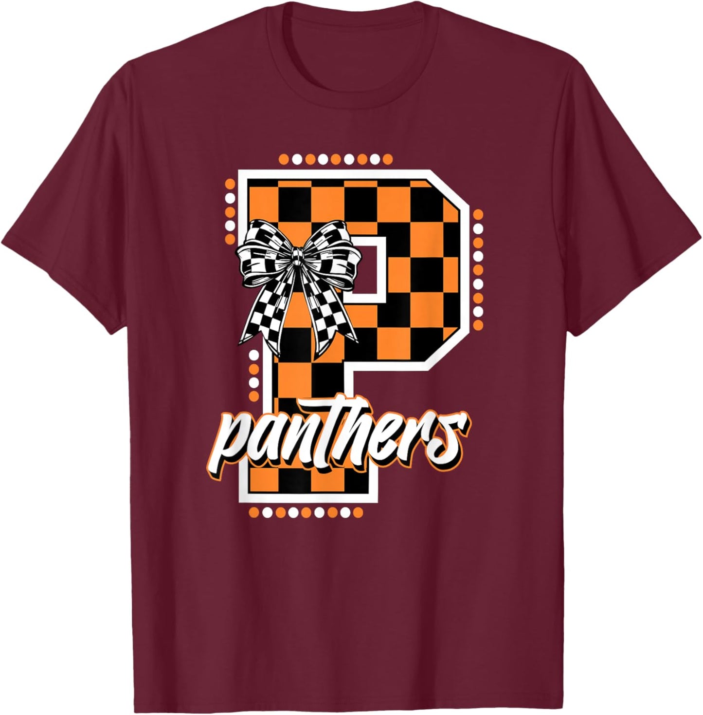 Panthers Checkered Print Orange Panther Pride School Spirit T-Shirt - T-Shirt | Maroon