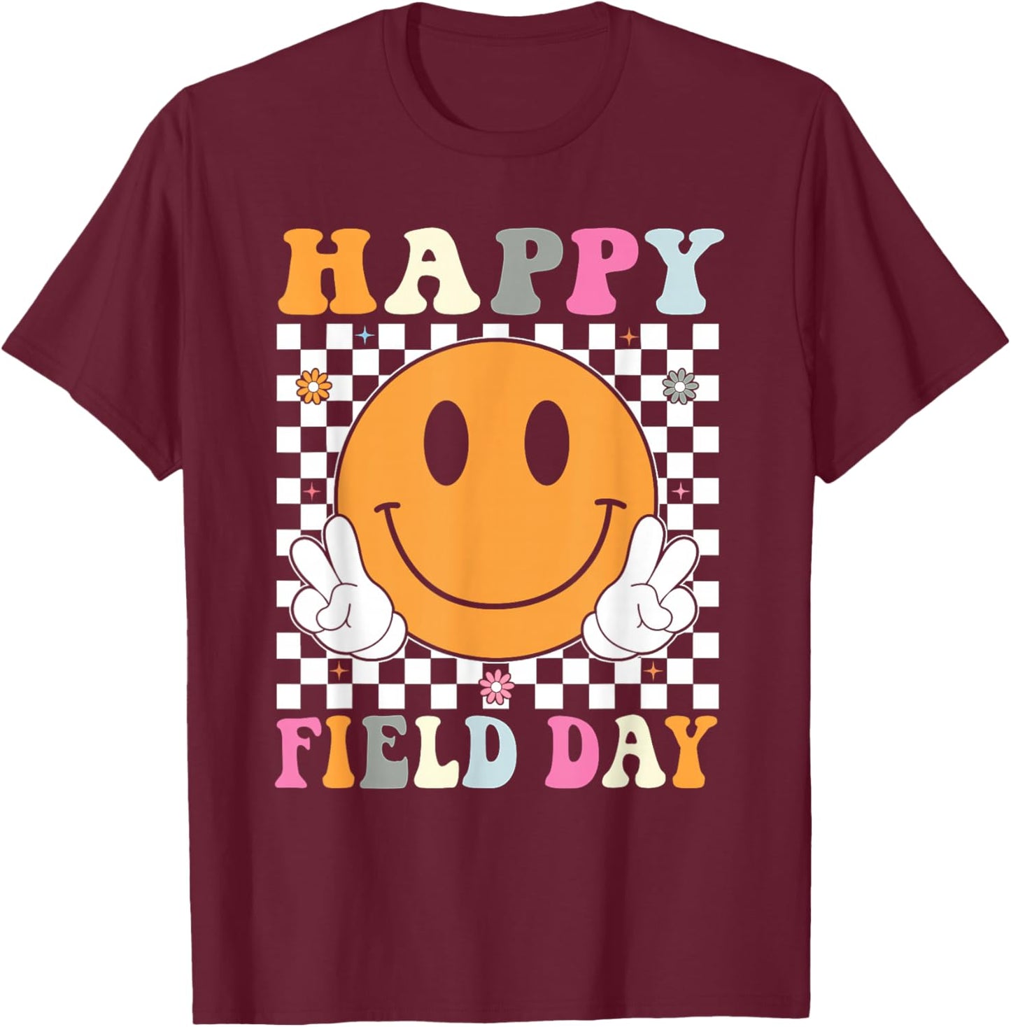 Happy Field Day Field Trip Retro Smile Face Teacher Kids T-Shirt - T-Shirt | Maroon