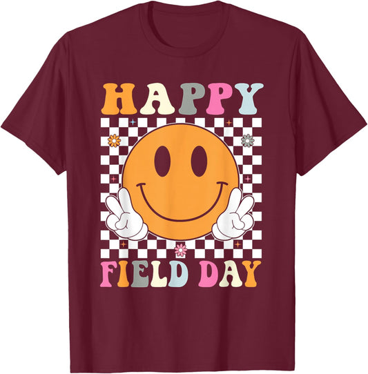Happy Field Day Field Trip Retro Smile Face Teacher Kids T-Shirt - T-Shirt | Maroon