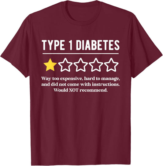 Type 1 Diabetes One Star Funny T1D Awareness Support T-Shirt - T-Shirt | Maroon