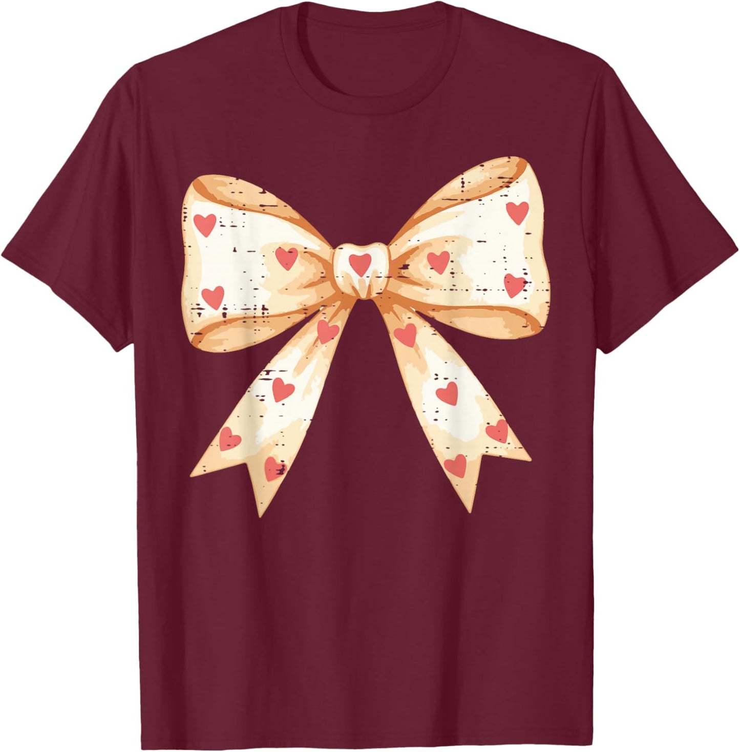 Valentines Day Coquette Bow Hearts Ribbon Girls Kids Women T-Shirt - T-Shirt | Maroon