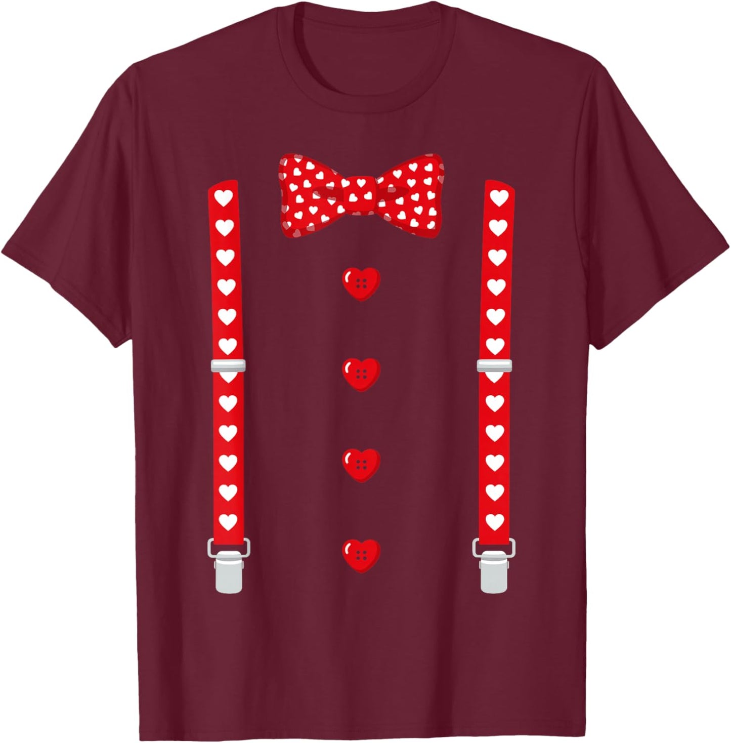 Red Hearts Bow Tie Suspenders Tuxedo Valentines Day Costume T-Shirt - T-Shirt | Maroon