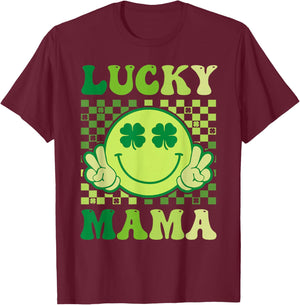 Lucky Mama Retro Smile Face Irish Shamrock St Patricks Day T-Shirt - T-Shirt | Maroon