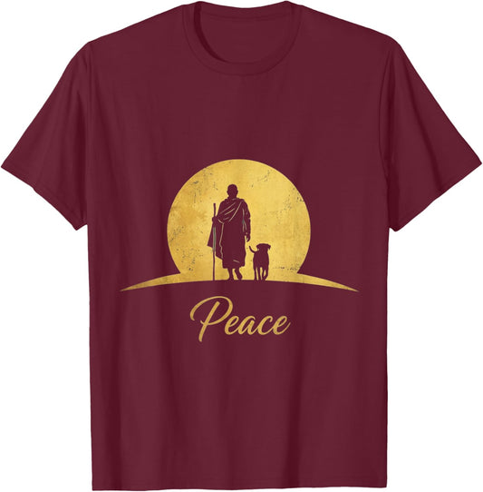 Walk for Peace Monks with Aloka Dog Monks Minimalist Zen T-Shirt - T-Shirt | Maroon