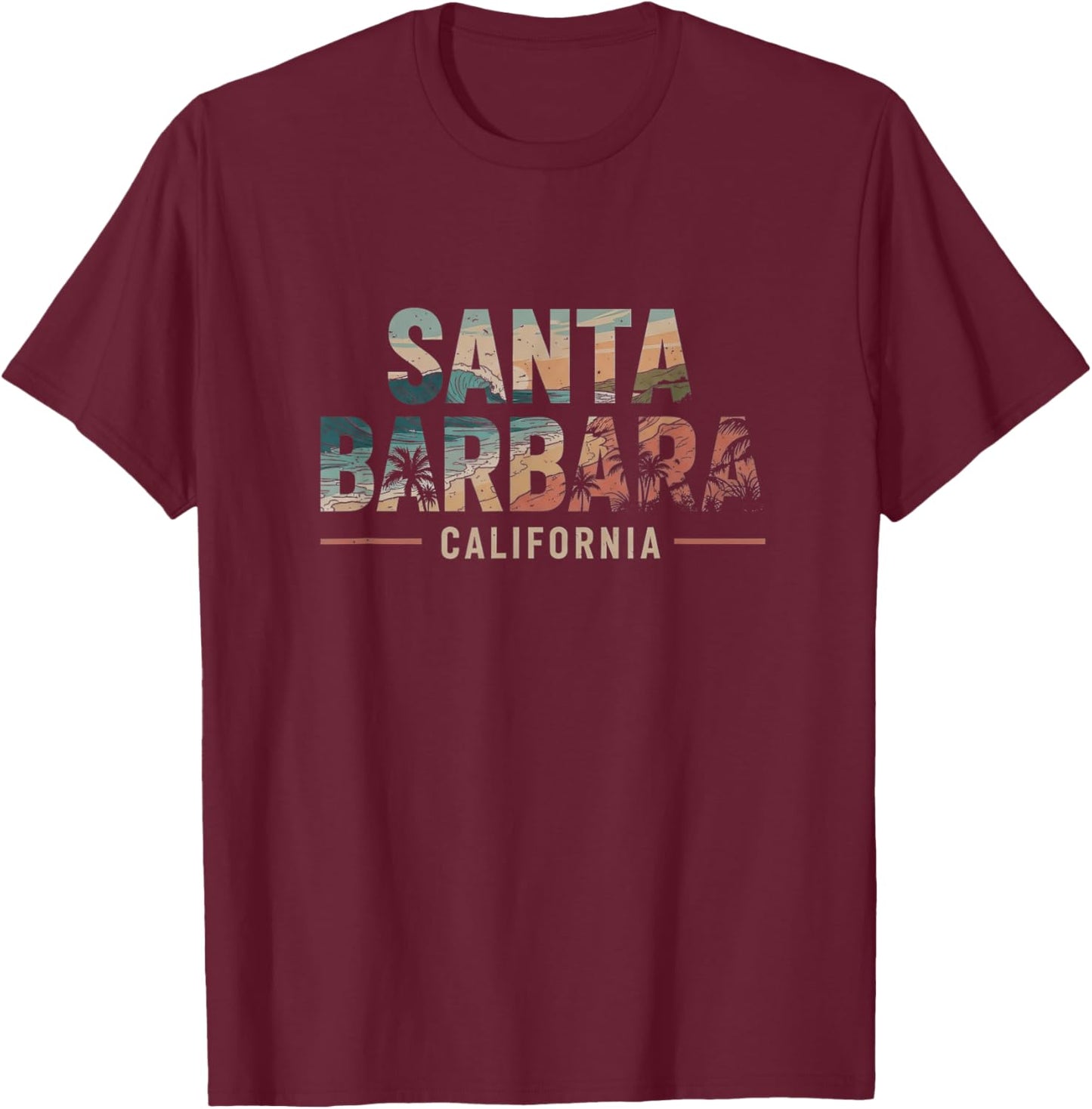 Retro Santa Barbara California Design T-Shirt - T-Shirt | Maroon