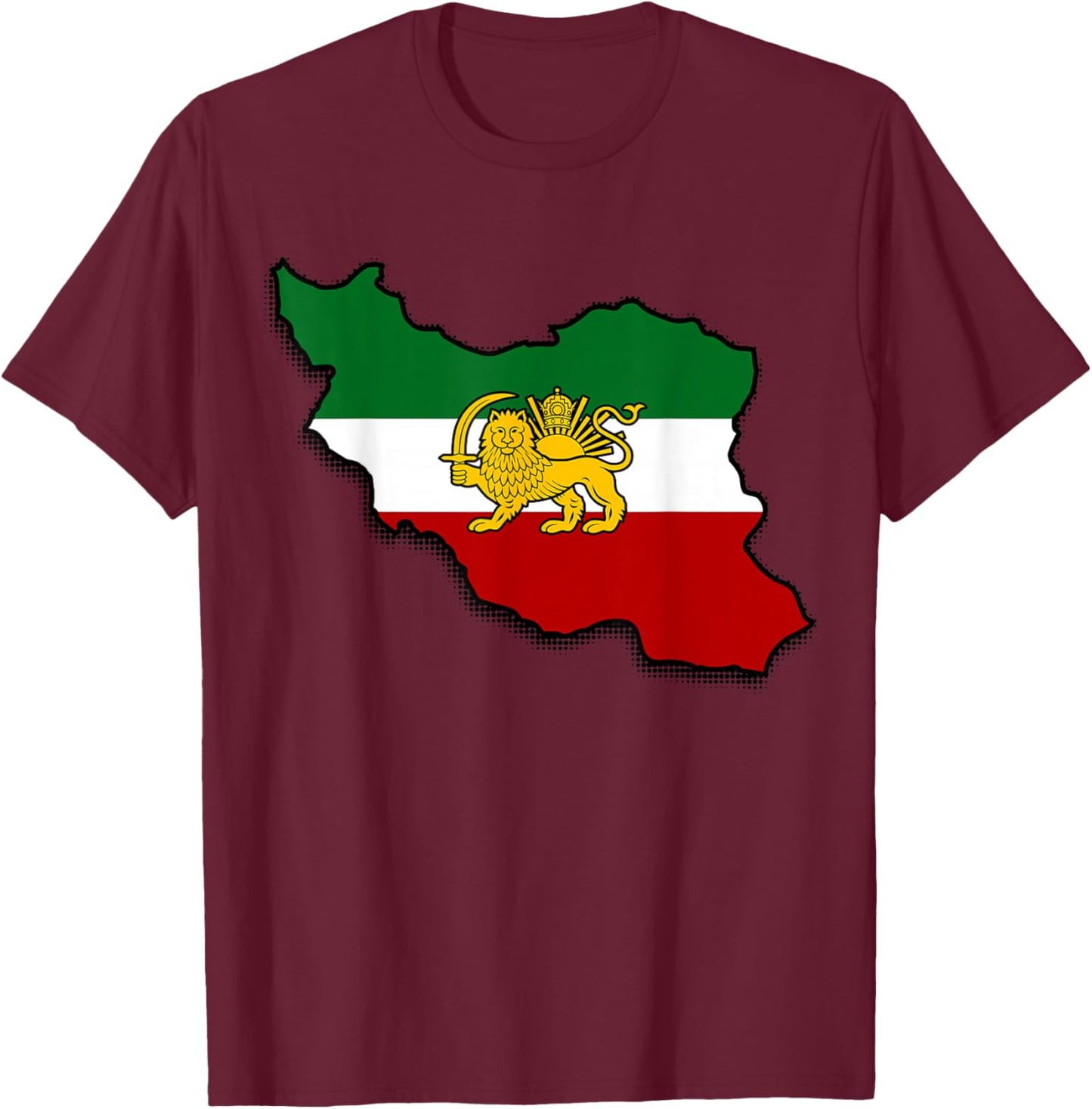 Iran Map Lion and Sun Persian Pahlavi Flag T-Shirt - T-Shirt | Maroon