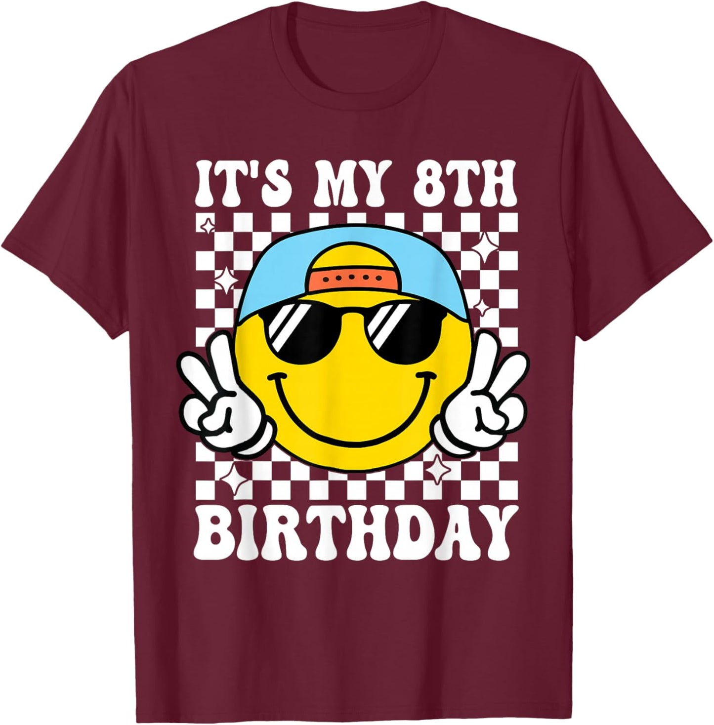Its My 8th Birthday Smile face 8 Years Old Boys Girls T-Shirt - T-Shirt | Maroon