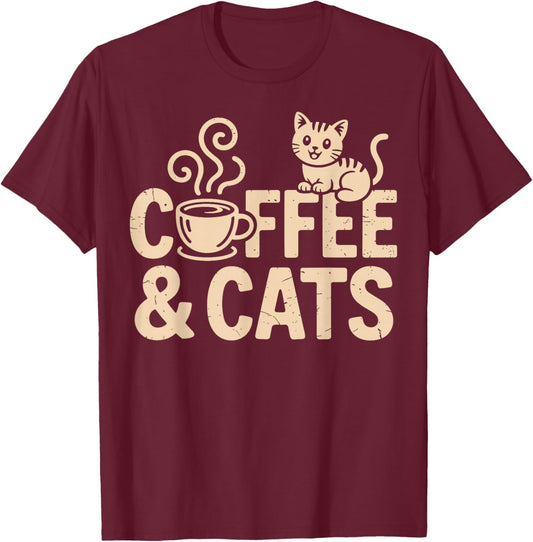 Coffee and Cats Funny Cat T-Shirt - T-Shirt | Maroon
