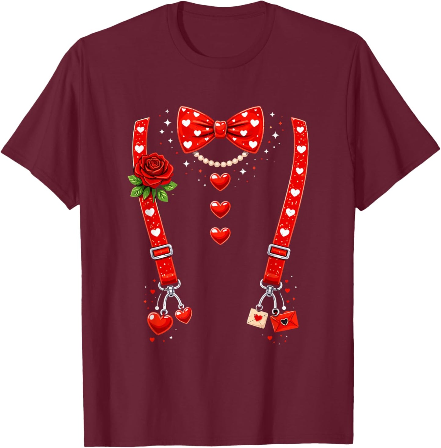 Valentines Day Red Hearts Bow Tie Funny Suspender Couple T-Shirt - T-Shirt | Maroon