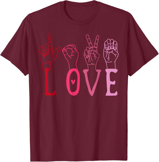 Vintage Valentine's Day Sign Language ASL Love Gift T-Shirt - T-Shirt | Maroon