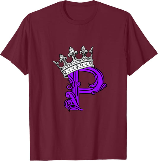 Purple Color Letter P Initial + Crown Purple Graphic T-Shirt - T-Shirt | Maroon