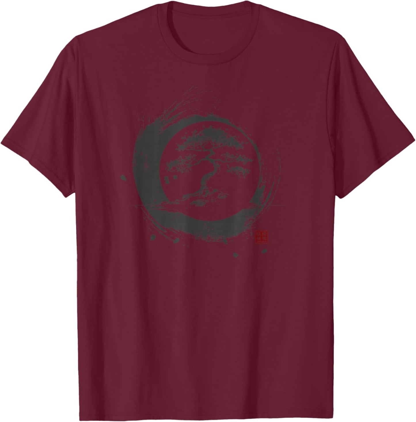 Enso Circle Bonsai Tree Zen Art Graphic T-Shirt - T-Shirt | Maroon